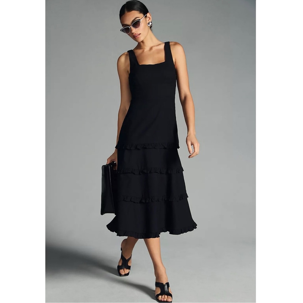 NWT Anthropologie Petite The Blythe Square Neck Tiered Midi Dress Black - Picture 8 of 8